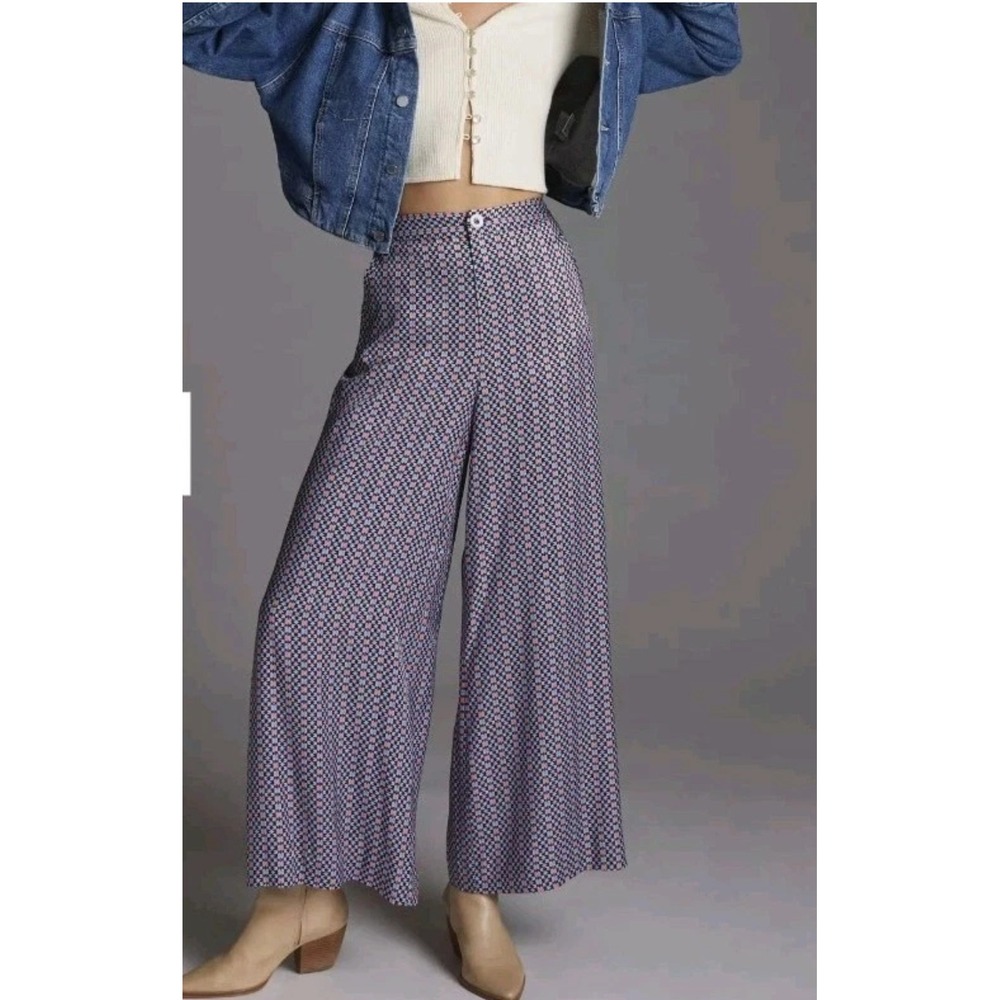 Maeve Anthropologie Blue Pink Geometric Wide Leg Crop Pants Size 6 High Rise